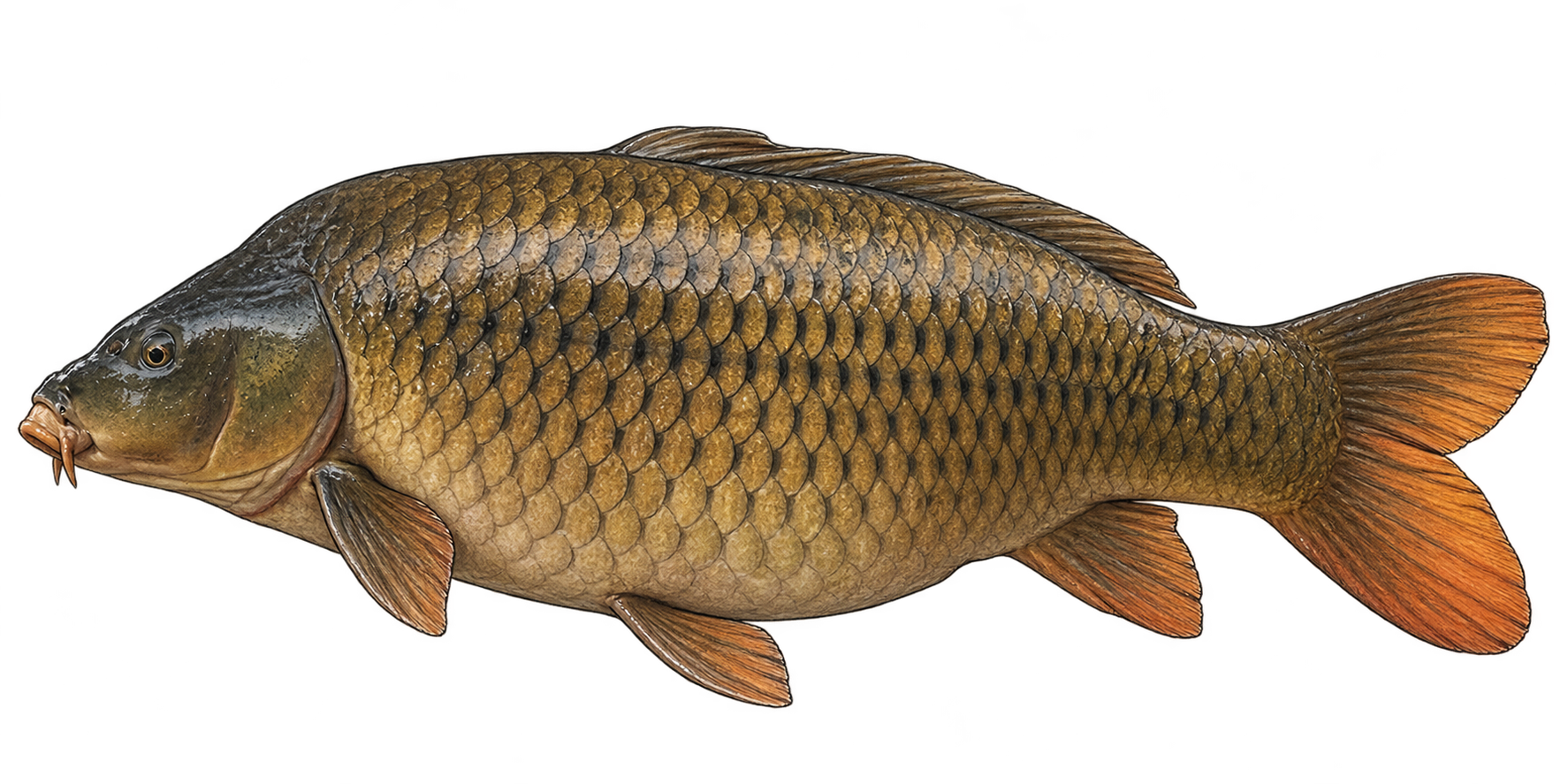 Detailed common carp illustration in warm bronze and brown tones